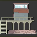 Small Cabin with Red Roof Gray Walls Wooden Deck Railings Stairs and Pink Blue Base