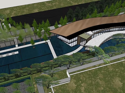 Modern Architectural Building With Curved Roof Pool Walkway And Green Trees 3d model