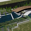 Modern Architectural Building With Curved Roof Pool Walkway And Green Trees