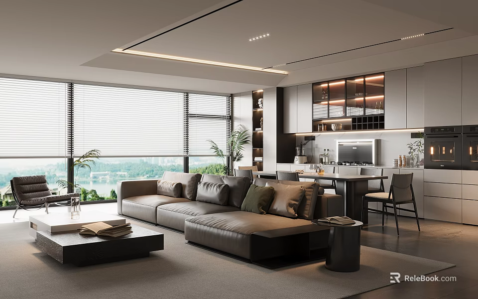 Modern Living and Dining Room Interior With Large Windows Blinds Sofa And Open Kitchen 3d model