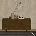 Wooden Entryway Side Cabinet With Circular Patterns And Decorative Vase On Beige Wall