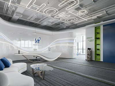 Modern Sleek Corporate Office Reception Area With Curved Design And Cozy Lounge Space 3d model