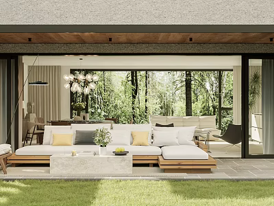 Modern Garden With Outdoor Sofa Yellow White Cushions Wooden Frame Green Plants And Grass Area 3d model