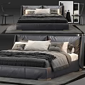Modern Leather Double Bed With Gray White Bedding Pillows And Side Table Lamp 3d model