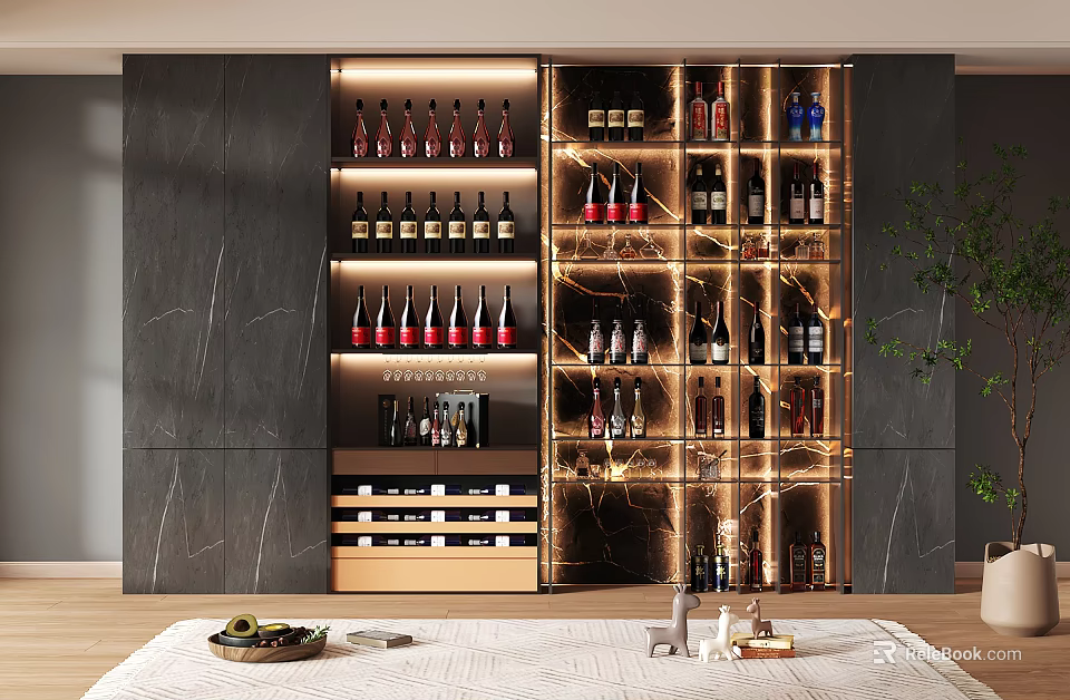 Modern Wine Cabinet With LED Lighting Glass Shelves And Various Wine Bottles In Elegant Interior 3d model 