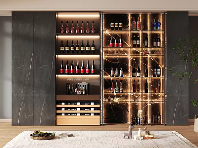 Modern Wine Cabinet With LED Lighting Glass Shelves And Various Wine Bottles In Elegant Interior 3d model