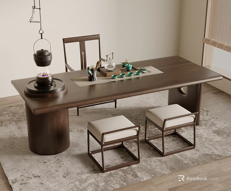 Traditional Chinese Wooden Tea Table With Cushioned Chairs And Tea Set On Tray 3d model 