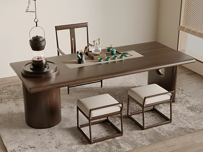 Traditional Chinese Wooden Tea Table With Cushioned Chairs And Tea Set On Tray 3d model