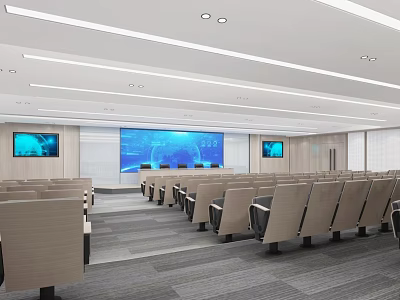 Modern Conference Room Interior With Rows Of Chairs Large Screen And Side Screens 3d model