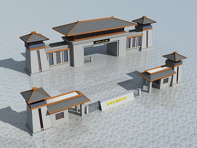 Traditional Chinese Entrance Gate With Classic Roof Symmetrical Pavilions And Stone Pavement 3d model