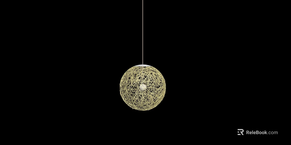 Yellow Spherical Pendant Light With Woven Texture Hanging On Black Background 3d model 