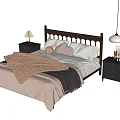 Double Bed with Wooden Headboard Beige Bedding Brown Blanket Pillows and Nightstand Lamp in Bedroom