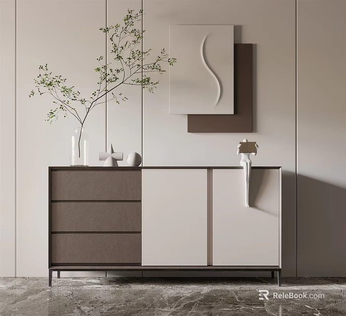 Modern Minimalist Sideboard With Drawers Doors Vase Branches And Wall Art Decor 3d model 