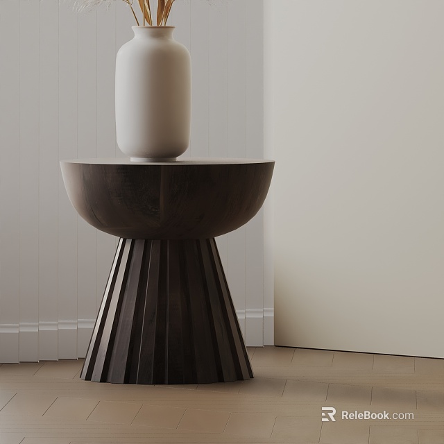 Modern Dark Wood Side Table With Round Top And Fluted Base Holding White Vase 3d model 