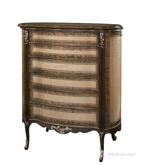 Vintage Wooden Chest of Drawers With Rattan Drawers Carved Details And Curved Design 3d model 