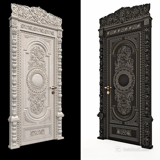 White And Black Hinged Doors With Intricate Carved Patterns Circular Motifs And Brass Handles 3d model 
