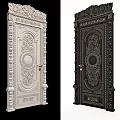 White And Black Hinged Doors With Intricate Carved Patterns Circular Motifs And Brass Handles