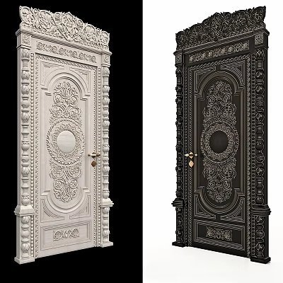 White And Black Hinged Doors With Intricate Carved Patterns Circular Motifs And Brass Handles 3d model
