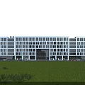 Modern Office Building With Glass Facade Green Lawn And Front Parking Area
