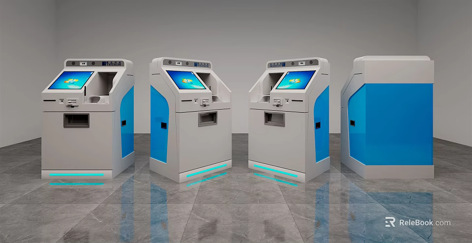 Modern Public Facilities Self Service Kiosks With White And Blue Design And Digital Screens 3d model 