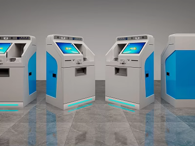 Modern Public Facilities Self Service Kiosks With White And Blue Design And Digital Screens 3d model