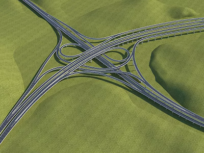 Modern Road Infrastructure with Complex Multi Lane Highway Interchange Over Green Grass 3d model