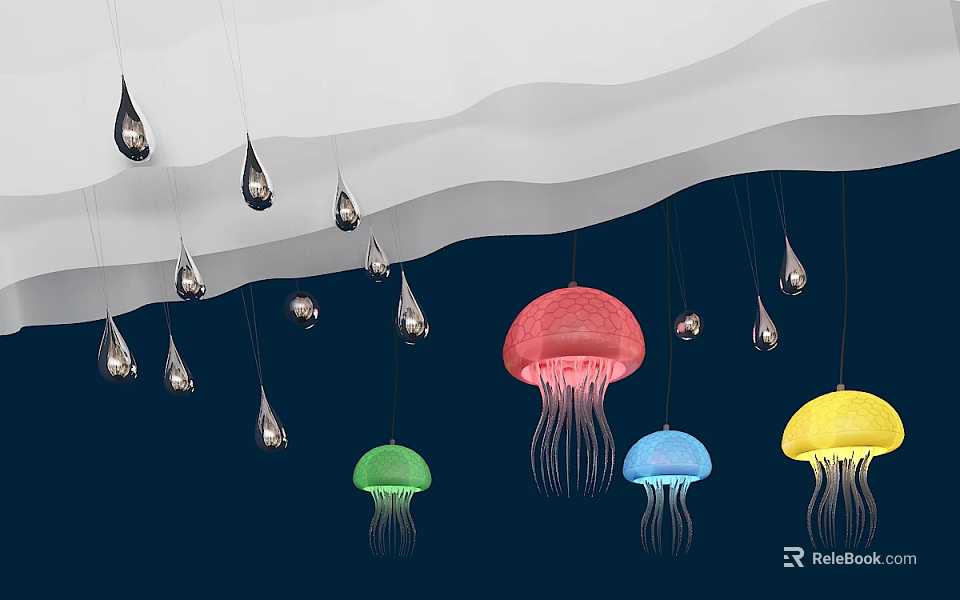 Colorful Jellyfish Shaped Chandeliers With Water Drop Design In Dark Background 3d model 