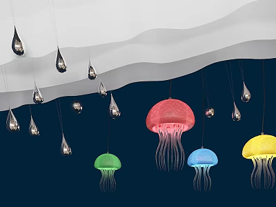 Colorful Jellyfish Shaped Chandeliers With Water Drop Design In Dark Background 3d model