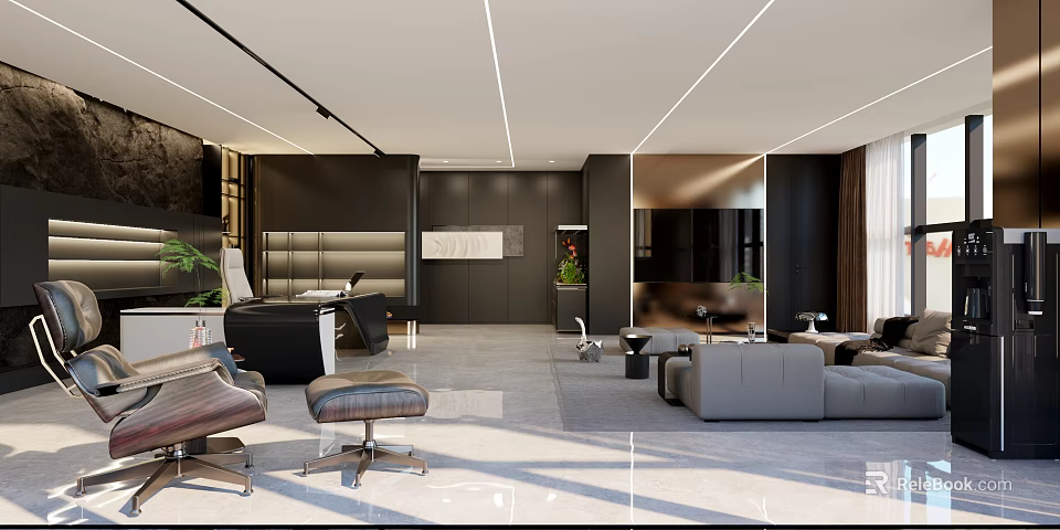 Modern Office Interior Design With Comfortable Sofa Desk Green Plants And Lighting 3d model 