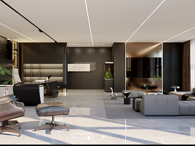 Modern Office Interior Design With Comfortable Sofa Desk Green Plants And Lighting 3d model