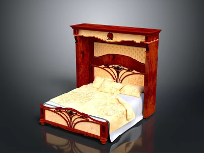 Traditional Wooden Bed with High Carved Headboard and Cream Bedding Set 3d model