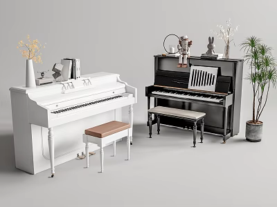 Elegant Musical Instruments and Art Supplies Including White and Black Pianos Stools Vases and Plants 3d model