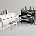 Elegant Musical Instruments and Art Supplies Including White and Black Pianos Stools Vases and Plants