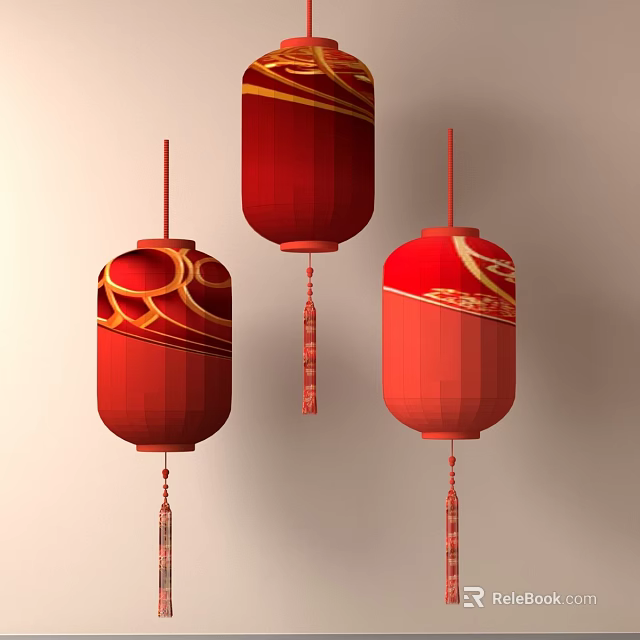 Festive Traditional Red Chinese Lanterns With Gold Ornate Patterns And Tassels 3d model 