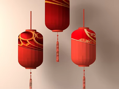 Festive Traditional Red Chinese Lanterns With Gold Ornate Patterns And Tassels 3d model