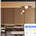 Modern Restaurant Interior With Round Tables Wooden Walls Decorative Paintings And Pendant Lights