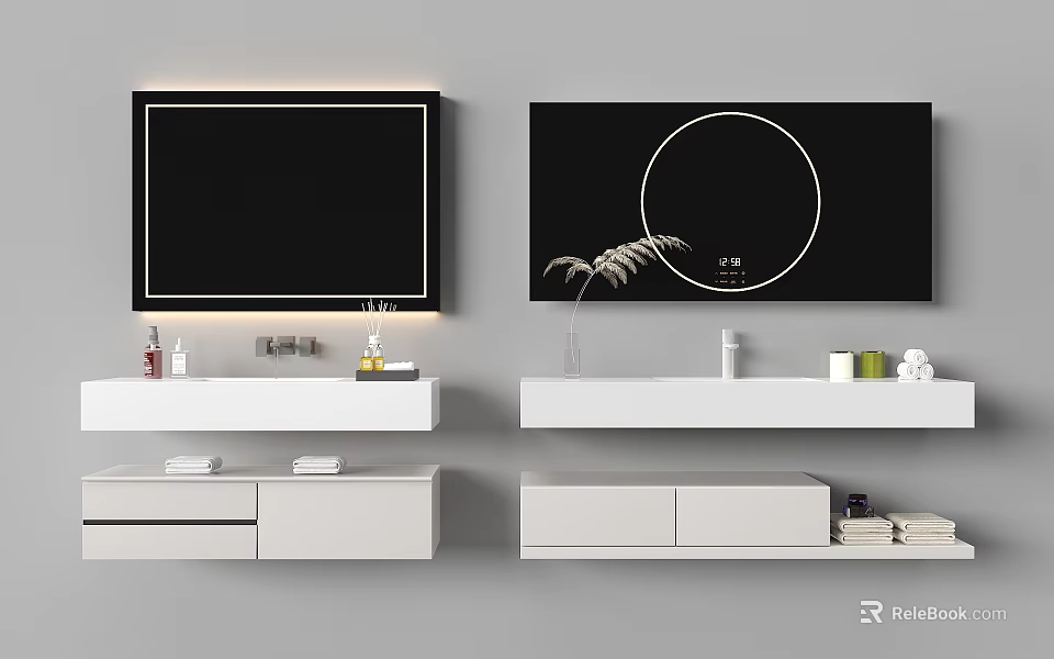 Modern Minimalist Washbasin Interior With White Countertop And Wall Mounted Mirror 3d model 