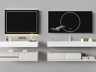 Modern Minimalist Washbasin Interior With White Countertop And Wall Mounted Mirror 3d model