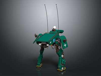 Green Sci Fi Mechanical Robot Character With Four Legs Antenna And White Cross 3d model