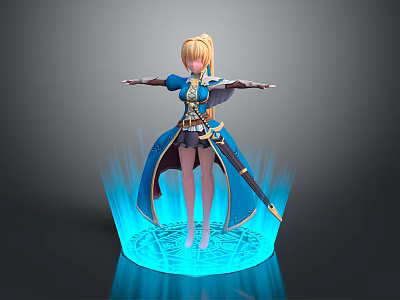Blonde Hair Anime Character In Blue Outfit Holding Sword With Blue Glowing Base 3d model