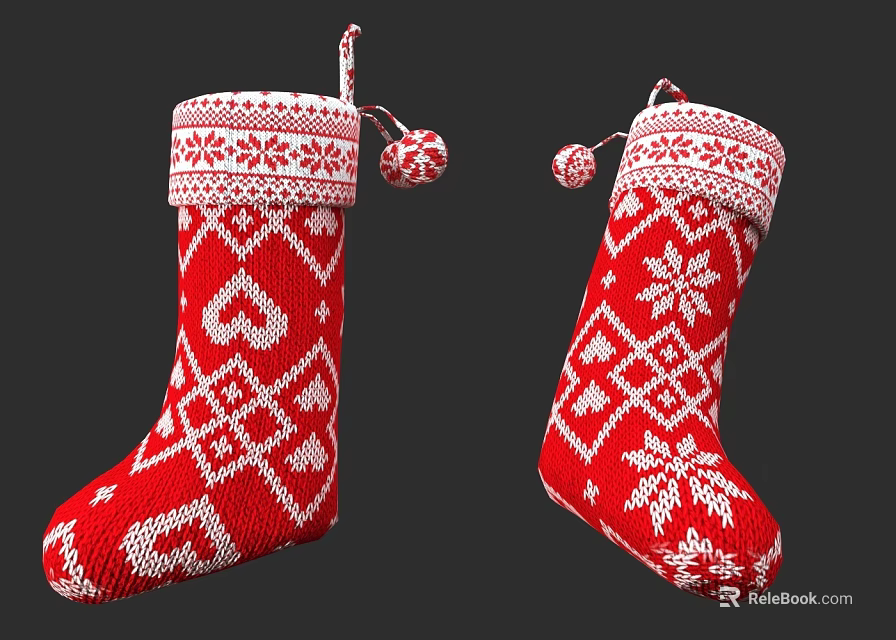 Red Knitted Christmas Stockings With White Hearts Snowflakes And Pom Poms 3d model 