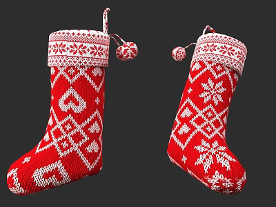 Red Knitted Christmas Stockings With White Hearts Snowflakes And Pom Poms 3d model