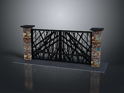 Black Iron Gate With Decorative Stone Pillars And Stylish Wrought Iron Pattern 3d model