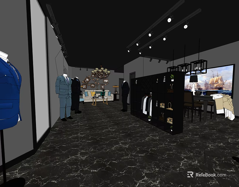 Stylish Clothing Store Interior With Suits Jackets And Mannequins Elegant Chandeliers And Marble Floor 3d model 
