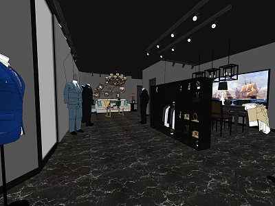 Stylish Clothing Store Interior With Suits Jackets And Mannequins Elegant Chandeliers And Marble Floor 3d model