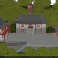 Traditional Chinese Ancient Building With Curved Grey Roofs Red Pillars And Lush Green Trees