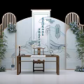 Traditional Chinese Style Check-in Desk With Lanterns Chinese Roof And Checkerboard Sign Board