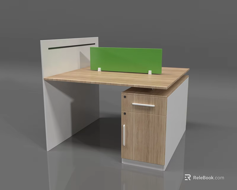Modern Office Desk With Wooden Top Green Partition And Storage Cabinet 3d model 