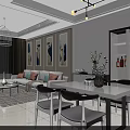 Modern Living and Dining Room Interior With White Sofa Throw Pillows And Cage Chandelier