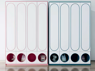 Pink Blue Frame White Panel Wardrobe With Round Bottom Openings And Small Animals Inside 3d model